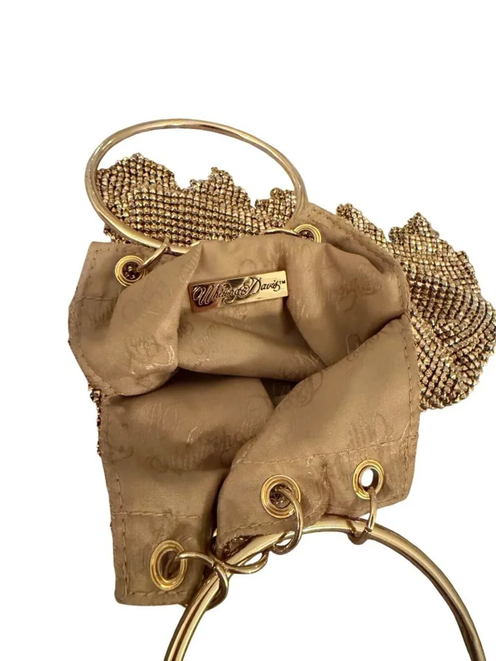 Whiting & Davis Womens Gold Mesh Evening Bag Ring Handles Ruffled Fringe Vintage